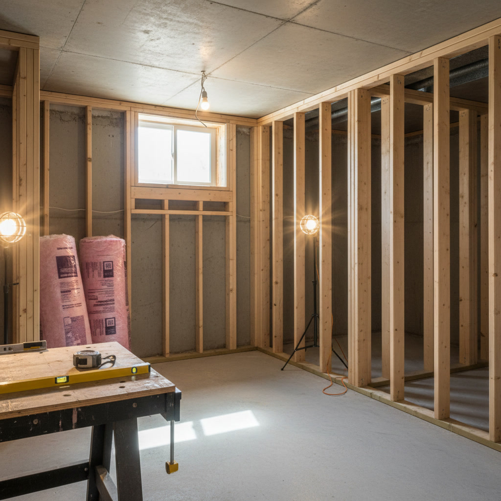 Basement finishing with egress window installation and insulation in Lansing