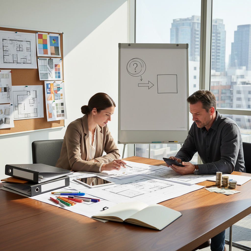 Homeowner reviewing floor plans and material samples for whole home remodeling project