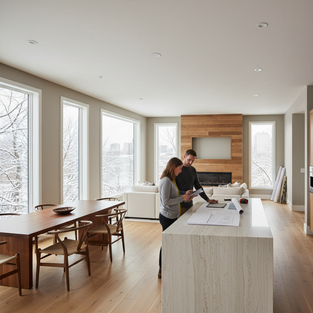 Construction team coordinating whole home remodeling with open floor plan and updated finishes