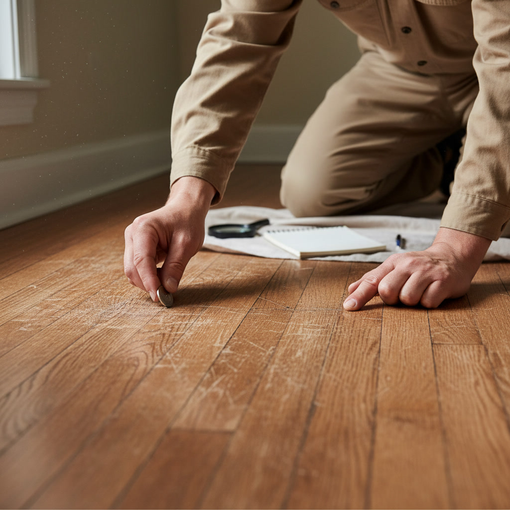 hardwood floor condition assessment showing surface scratches and wear patterns