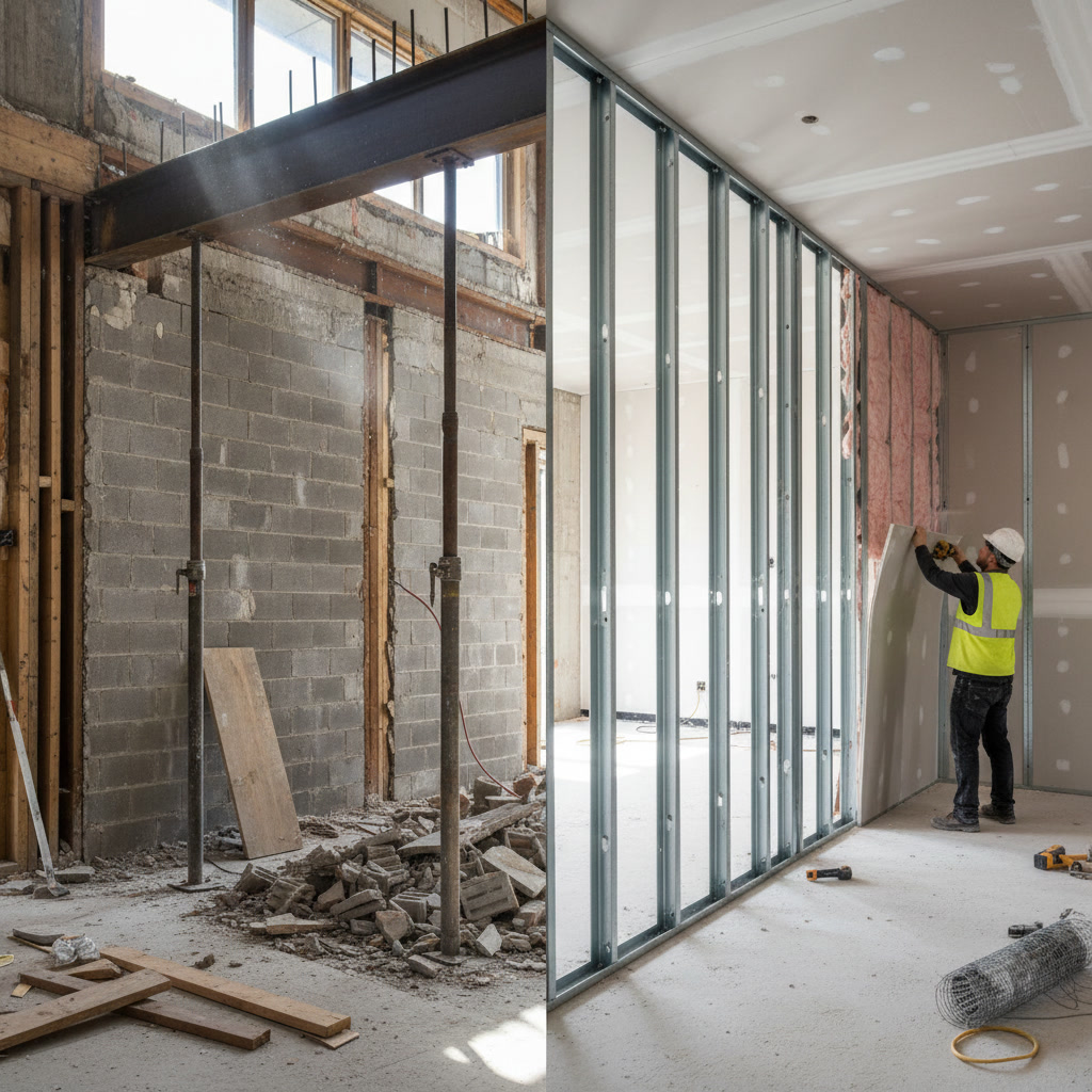 Exposed wall framing showing load-bearing beams and studs during renovation
