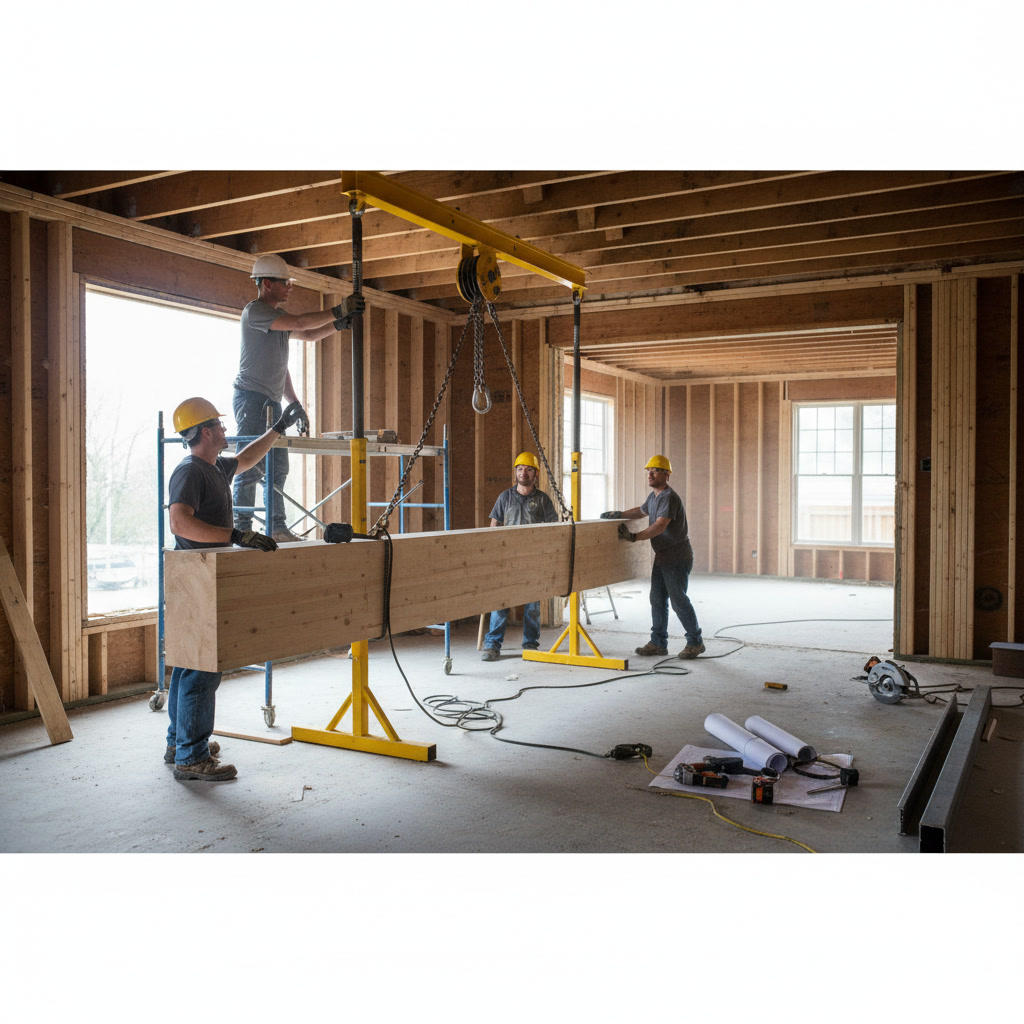 Steel beam installation with temporary support posts during open floor plan remodel