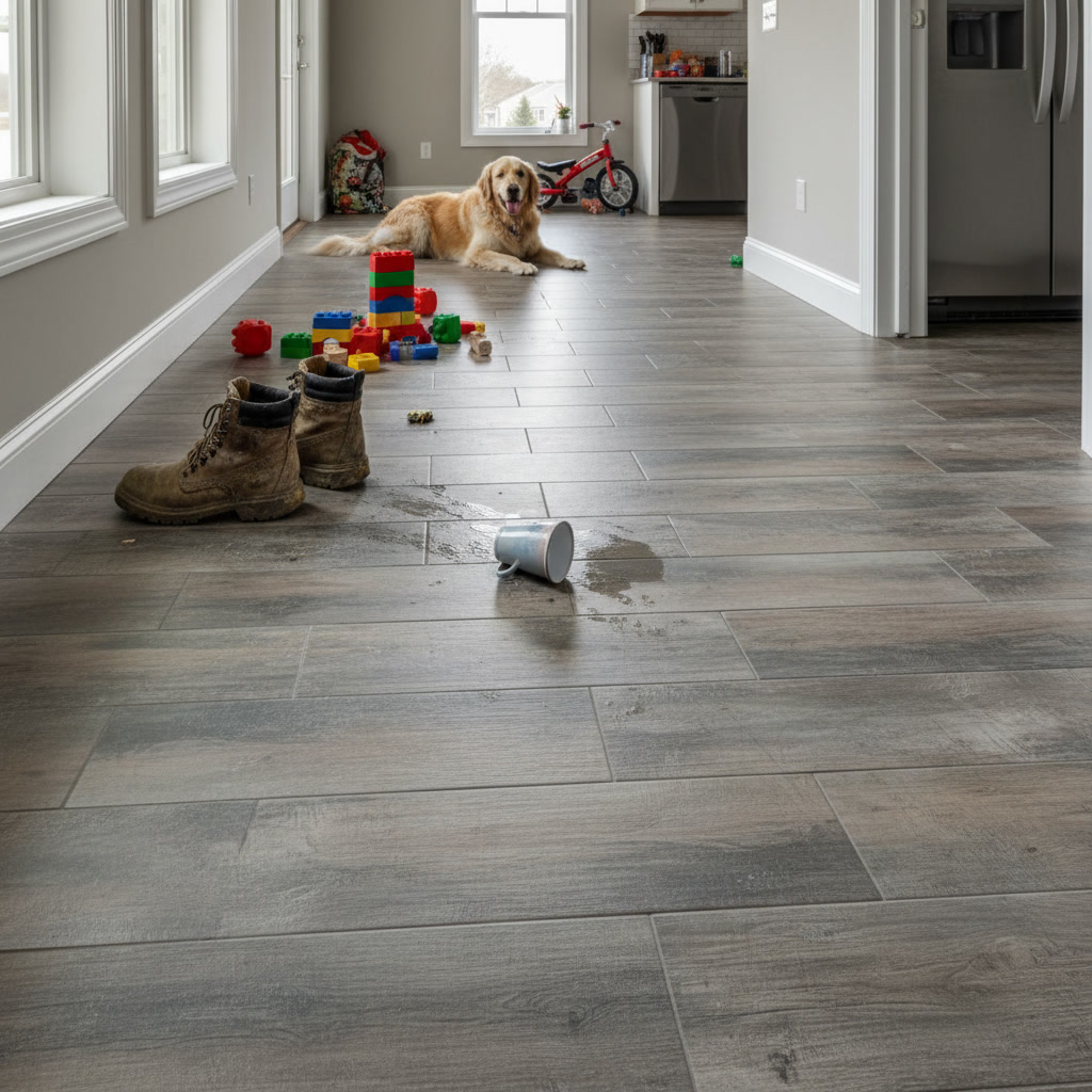 Porcelain tile flooring installation in high traffic entryway and kitchen