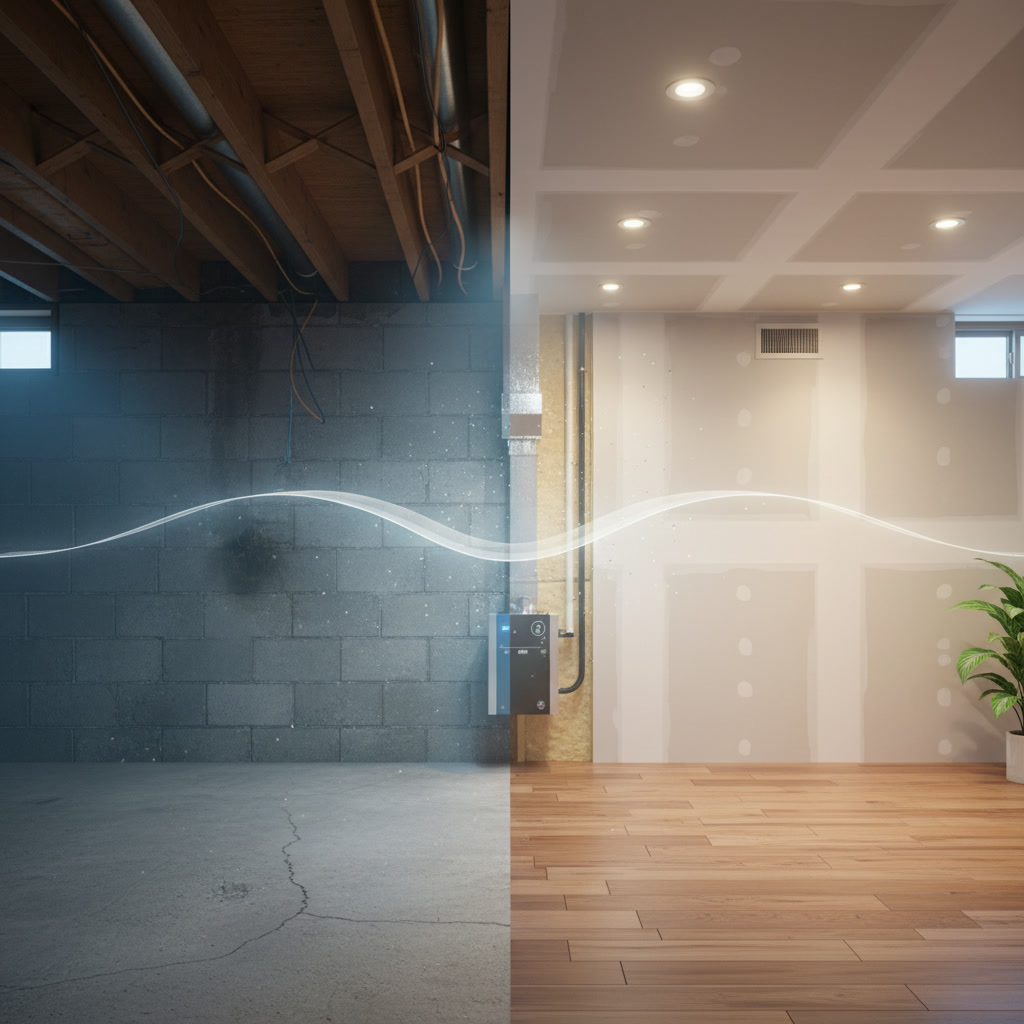 Healthy finished basement living space with clean air and proper moisture control