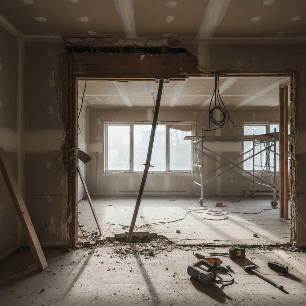 Finished open floor plan with exposed beam and seamless flooring after wall removal