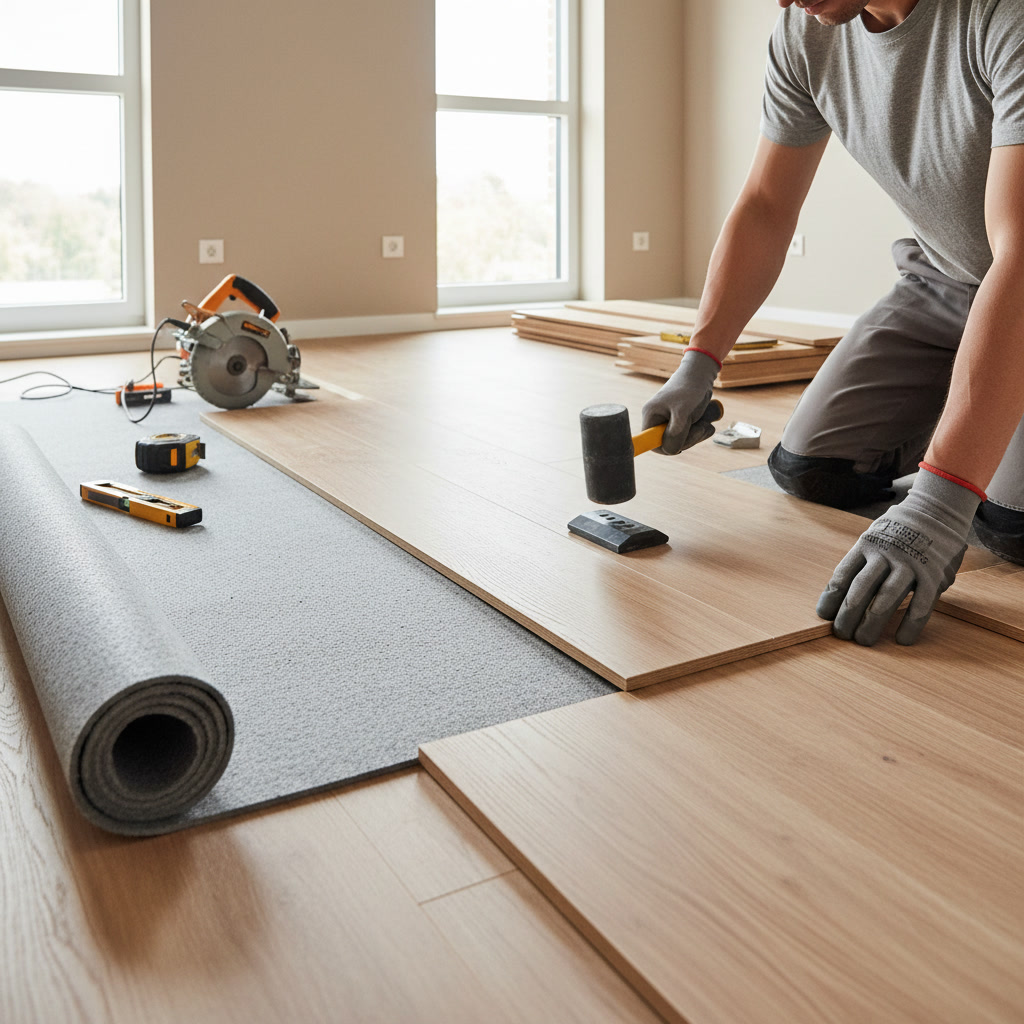 Professional flooring installation in high traffic living room with proper subfloor preparation