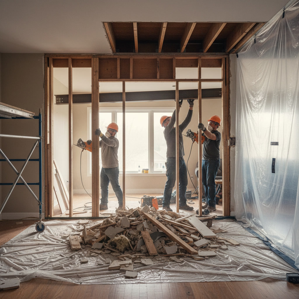 Open concept living room and kitchen after safe wall removal renovation