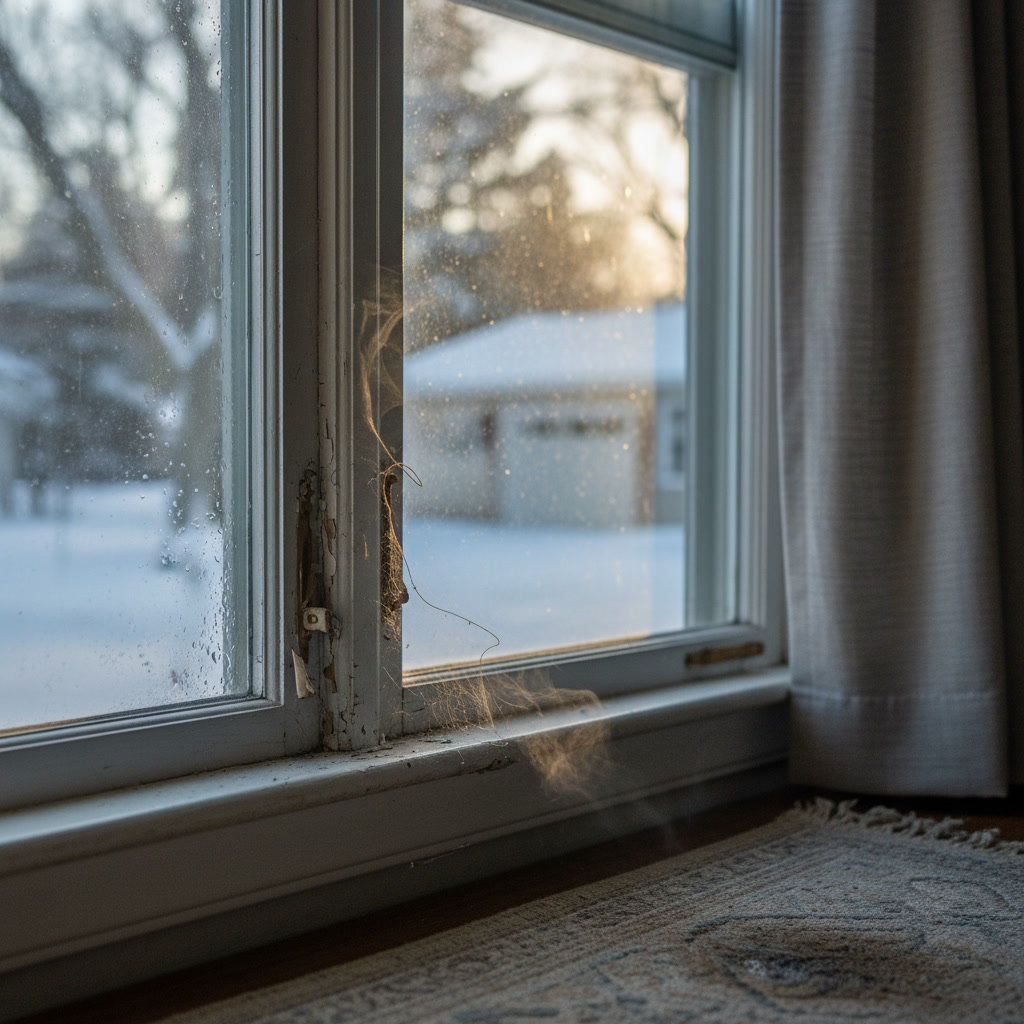 close-up of drafty window with visible air leak and condensation